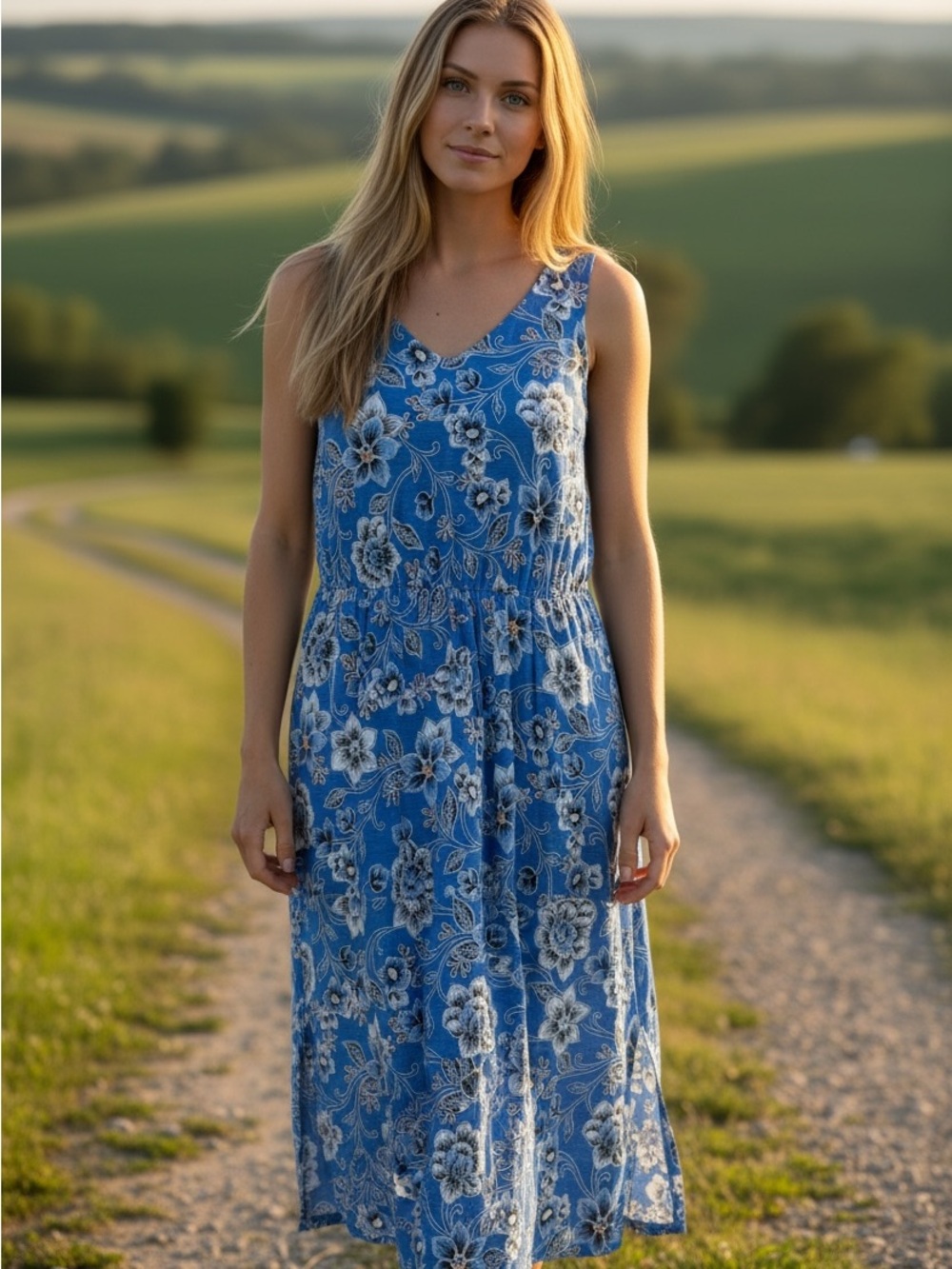 J.Jill Women’s Blue Floral Tank Tiered Midi Dress Size Small